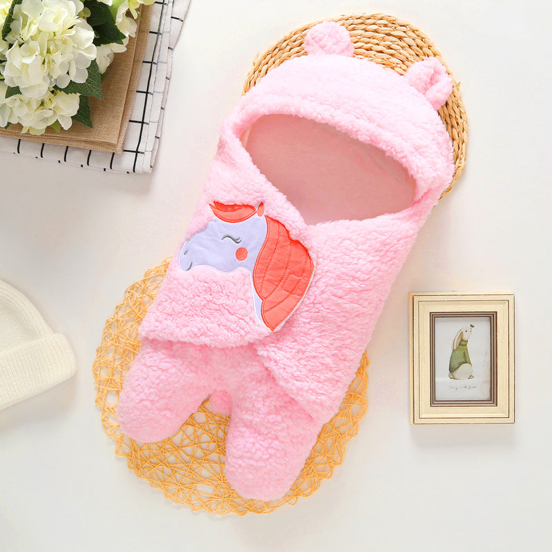 Infant Baby Soft Winter Style Plush Swaddle Cartoon Quilt Blanket And Feet Gown