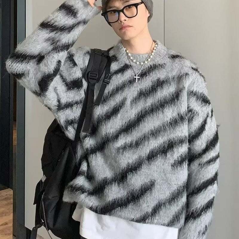 Zebra Stripe Retro Cardigan Men's Loose Knit Sweater
