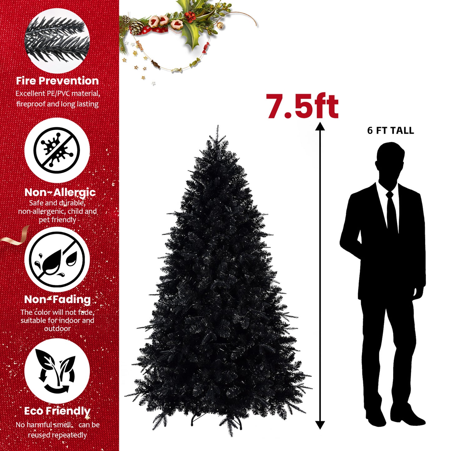Prelit Black Christmas Tree With White Lights Artificial Fake Christmas Tree With PE&PVC Branch Tips For Halloween And Xmas Tree For Holiday Decorations, Metal Stand And Hinged Branches