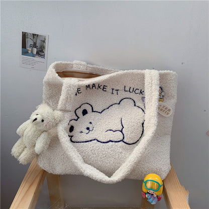 College Style Autumn And Winter Cute Cartoon Plush Shoulder Bag Shopping Bag