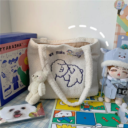 College Style Autumn And Winter Cute Cartoon Plush Shoulder Bag Shopping Bag