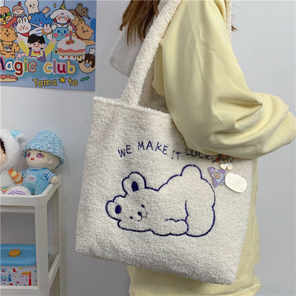 College Style Autumn And Winter Cute Cartoon Plush Shoulder Bag Shopping Bag