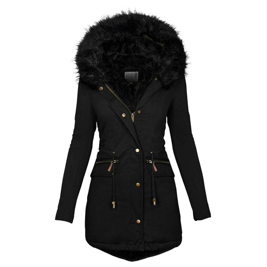 Women's Plush Hooded Parkas Winter Warm Thick  Zip-up Jackets Casual Mid-length Solid Buckle Pockets Coat Outerwear Clothing