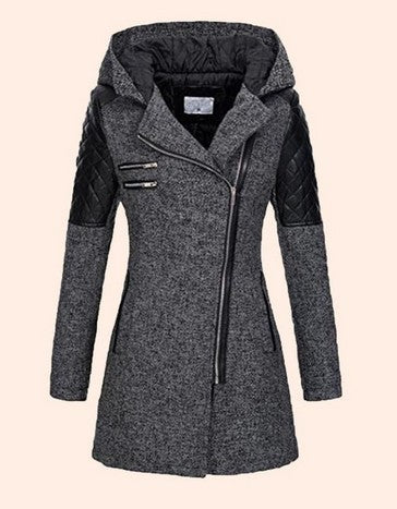 Women Warm Slim Full Zipper Coat Thick Woolen Coat Female Fall Winter Windbreaker Hooded Diagonal Zipper Women's Clothing