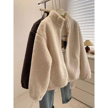 Women's Petite Thick Casual Stand-collar Furry Coat
