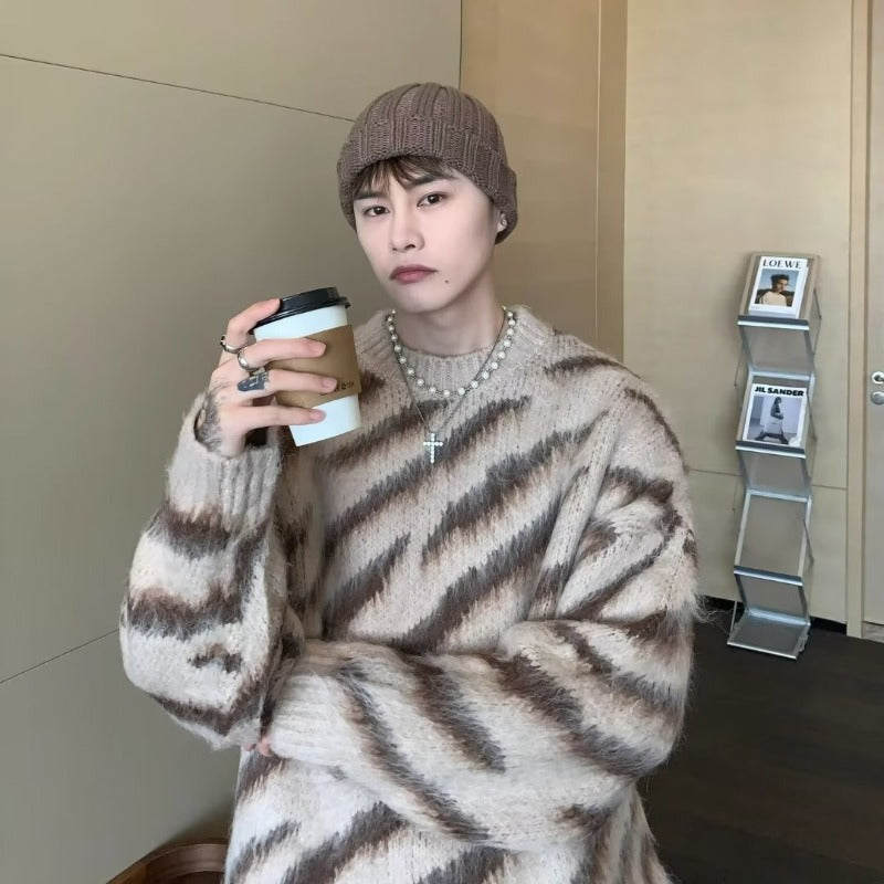 Zebra Stripe Retro Cardigan Men's Loose Knit Sweater