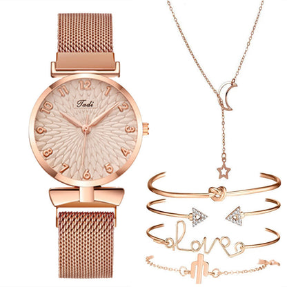 Casual Gift Set Women Disc Mesh Belt Quartz Watch Bracelet Bangle Set 6pcsset