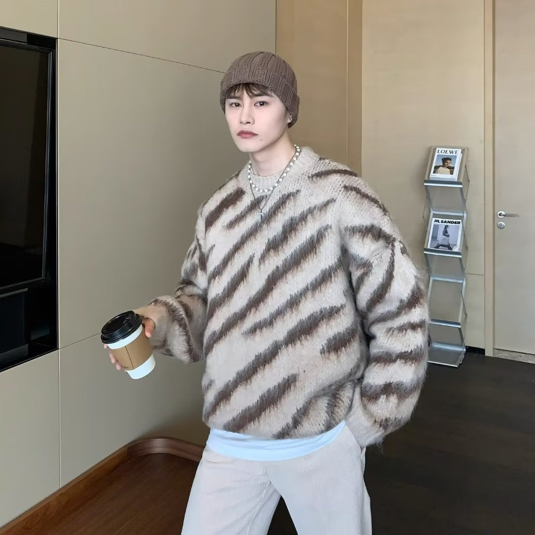Zebra Stripe Retro Cardigan Men's Loose Knit Sweater